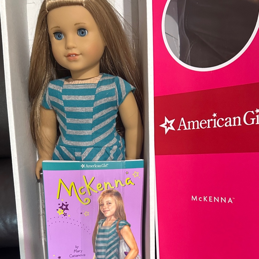 American Girl McKenna Doll in Striped Blue and Tan Dress